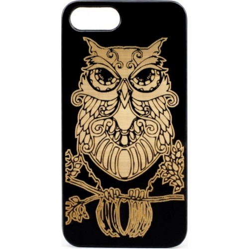 Husa vintage din lemn acacia pentru iPhone 7/8 Plus, pirogravura - Acacia wood vintage case for iPhone 7/8 Plus, phyrography "Owl - wisdom Feng Shui symbol"