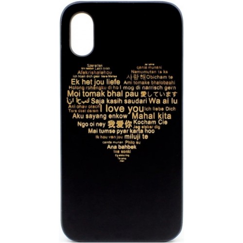 Husa vintage din lemn acacia pentru iPhone X, pirogravura - Acacia wood vintage case for iPhone X, phyrography "Heart with a Multilingual Message"