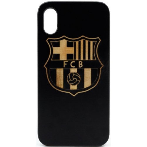 Husa vintage din lemn acacia pentru iPhone X, pirogravura - Acacia wood vintage case for iPhone X, phyrography "Logo FC Barcelona"